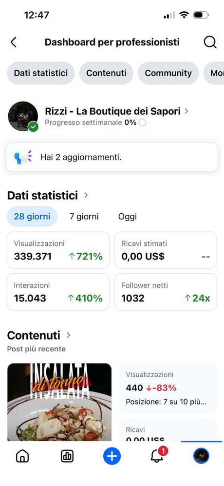 Dashboard Meta Boutique dei Sapori: 339K views